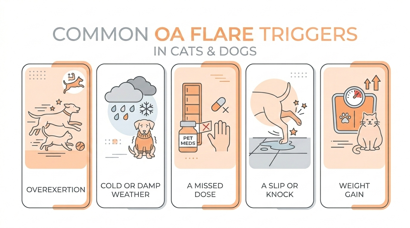 Common flare triggers: overexertion, cold and damp, missed doses, slips, and creeping weight