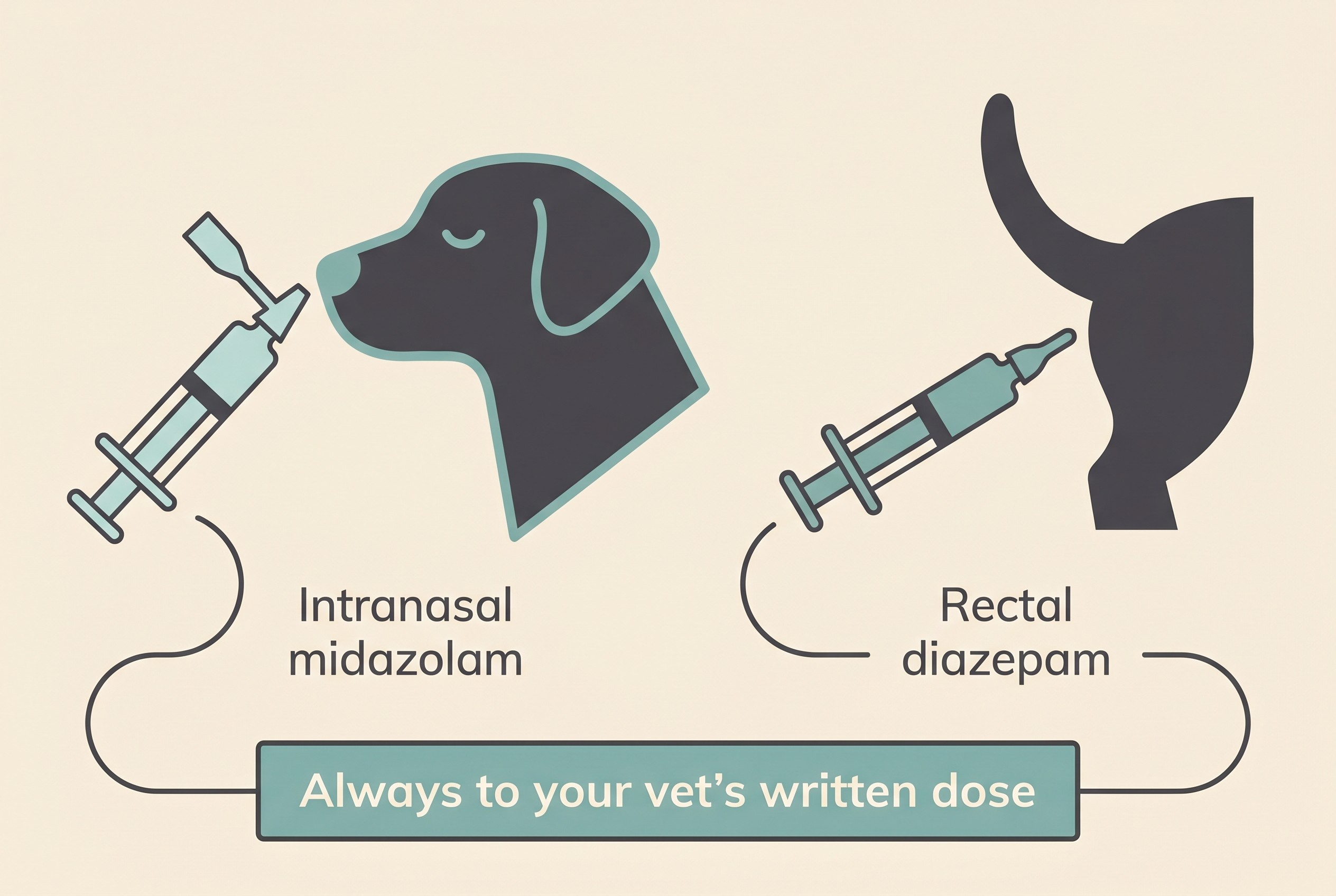 Flat illustration on a cream background showing two rescue routes: a syringe with a mucosal atomisation device aimed at a dog's nostril labelled "Intranasal midazolam", and a syringe with a soft tip labelled "Rectal diazepam", with a note reading "Always to your vet's written dose"