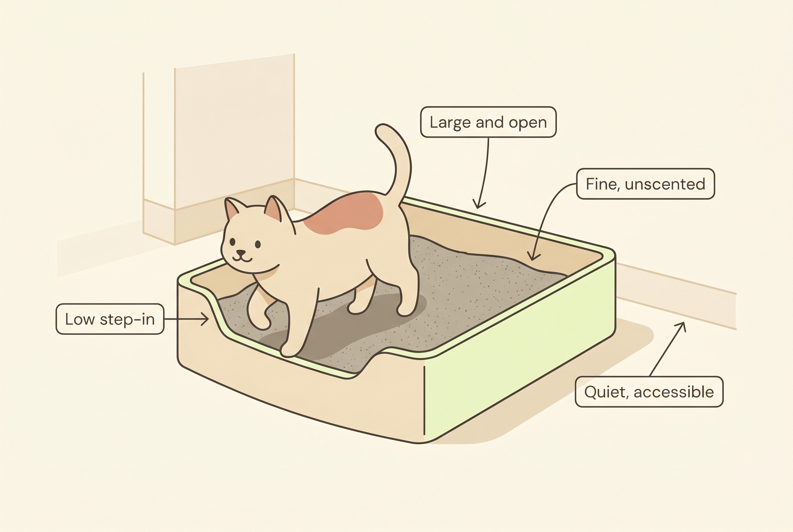 A cream illustration of a cat-friendly litter setup: a large open tray with one very low side, fine unscented litter, placed in a quiet open spot, labelled "Low step-in", "Large and open", "Fine, unscented" and "Quiet, accessible"