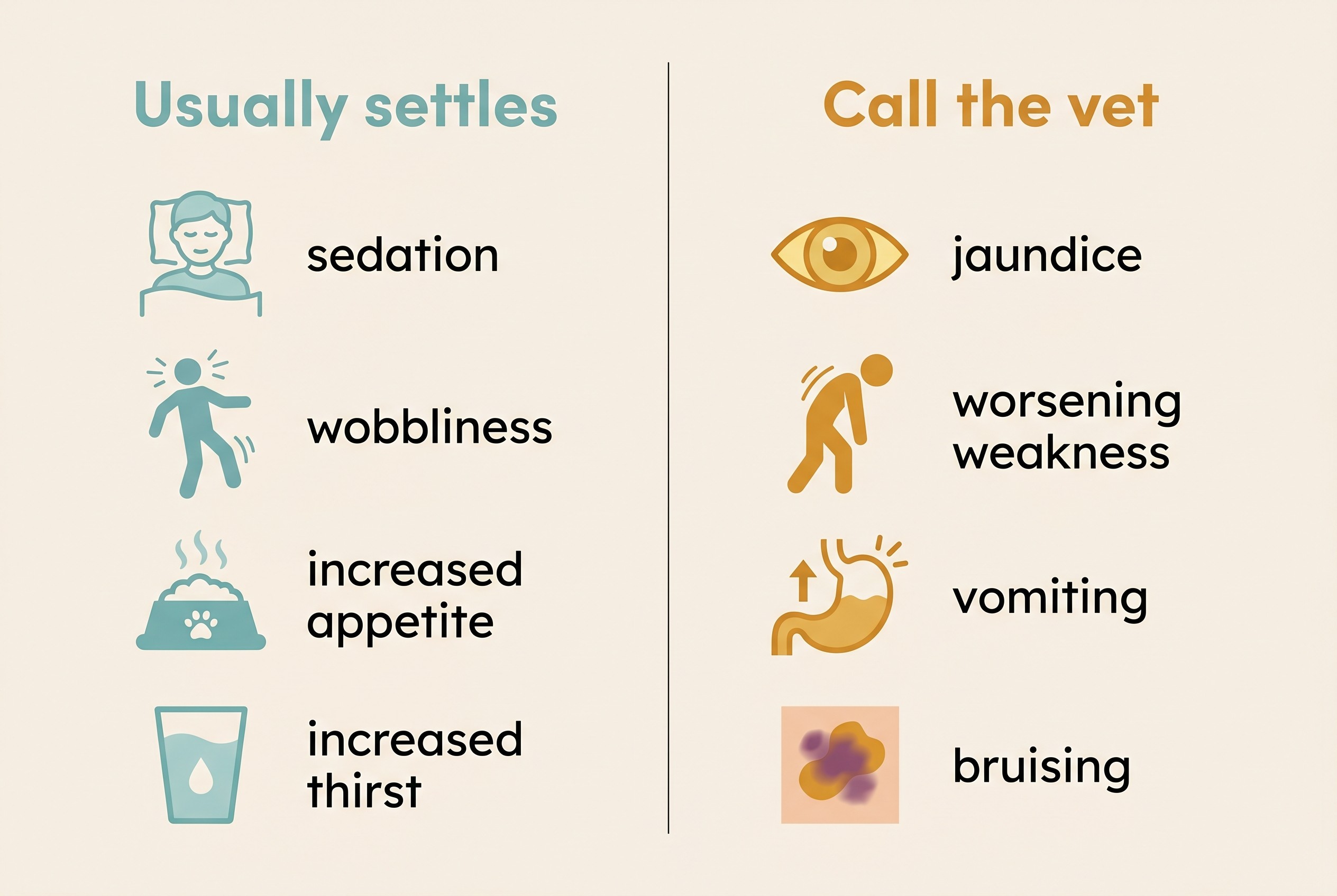 A reference chart on a cream background grouping common anti-seizure drug side effects by colour, with a green column headed "Usually settles" listing sedation, wobbliness, increased appetite and increased thirst, and a red column headed "Call the vet" listing jaundice, worsening weakness, vomiting and bruising