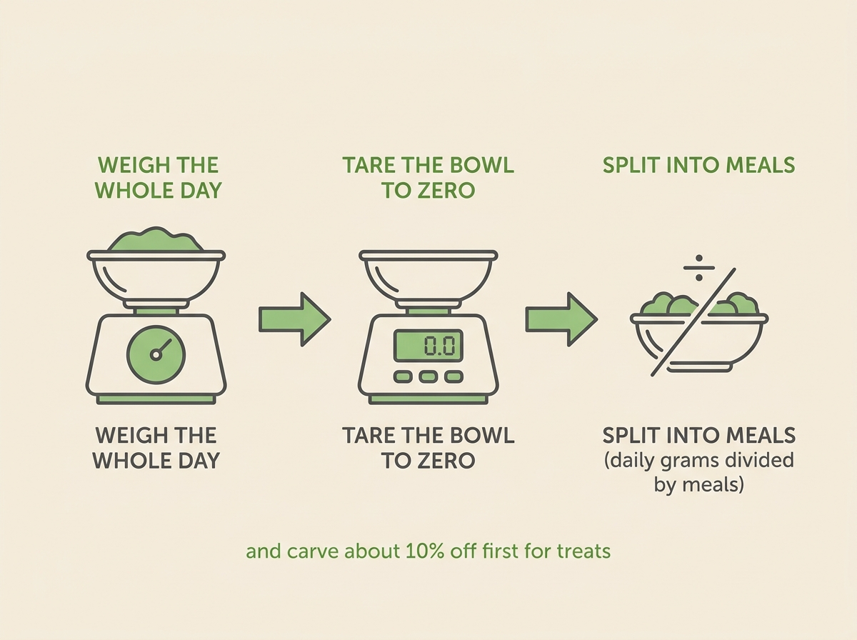 A three-step instructional strip in leaf-green and charcoal: weigh the whole day, then tare the bowl to zero, then split into meals by dividing daily grams by the number of meals, with a small note to carve about ten per cent off first for treats.