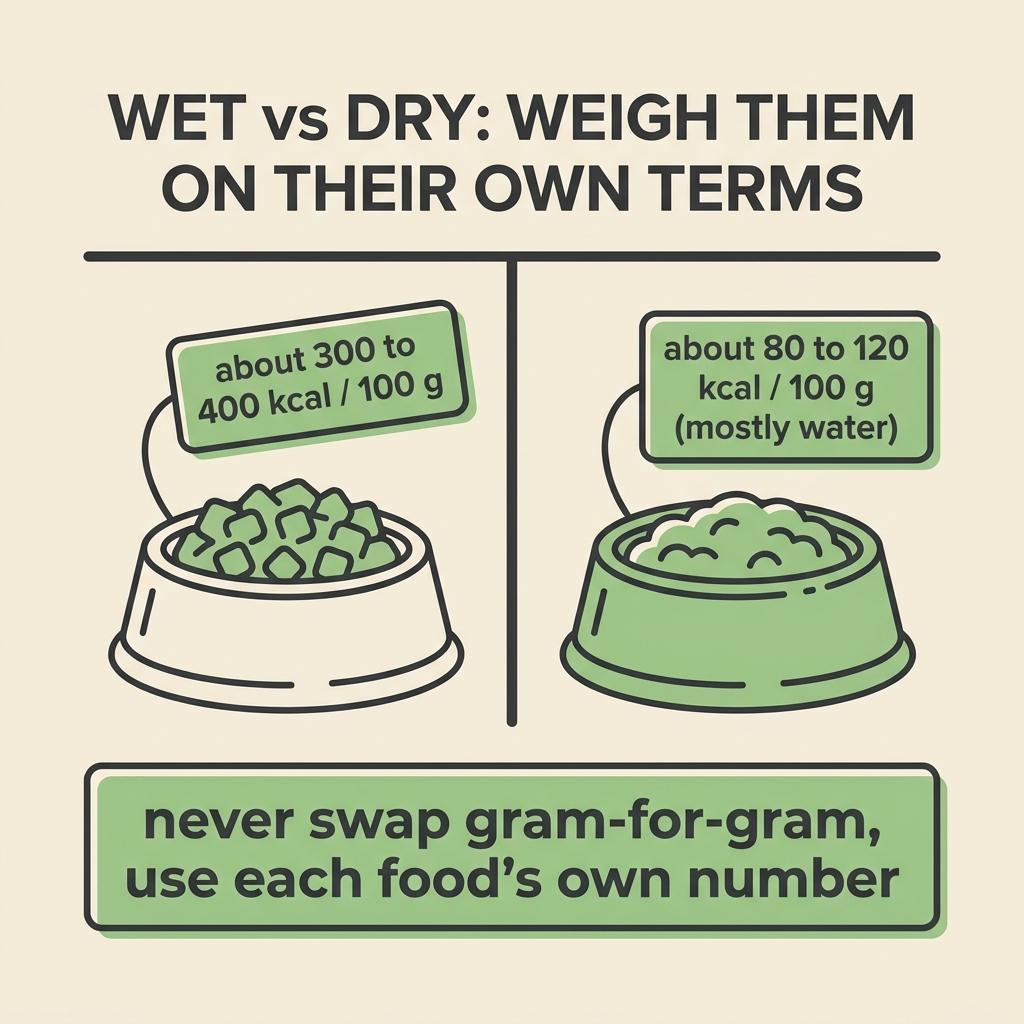 A wet-versus-dry comparison card: a bowl of kibble tagged about 300 to 400 calories per 100 grams beside a bowl of wet food tagged about 80 to 120 calories per 100 grams and labelled mostly water, with a note that you should never swap gram-for-gram and should use each food's own number.