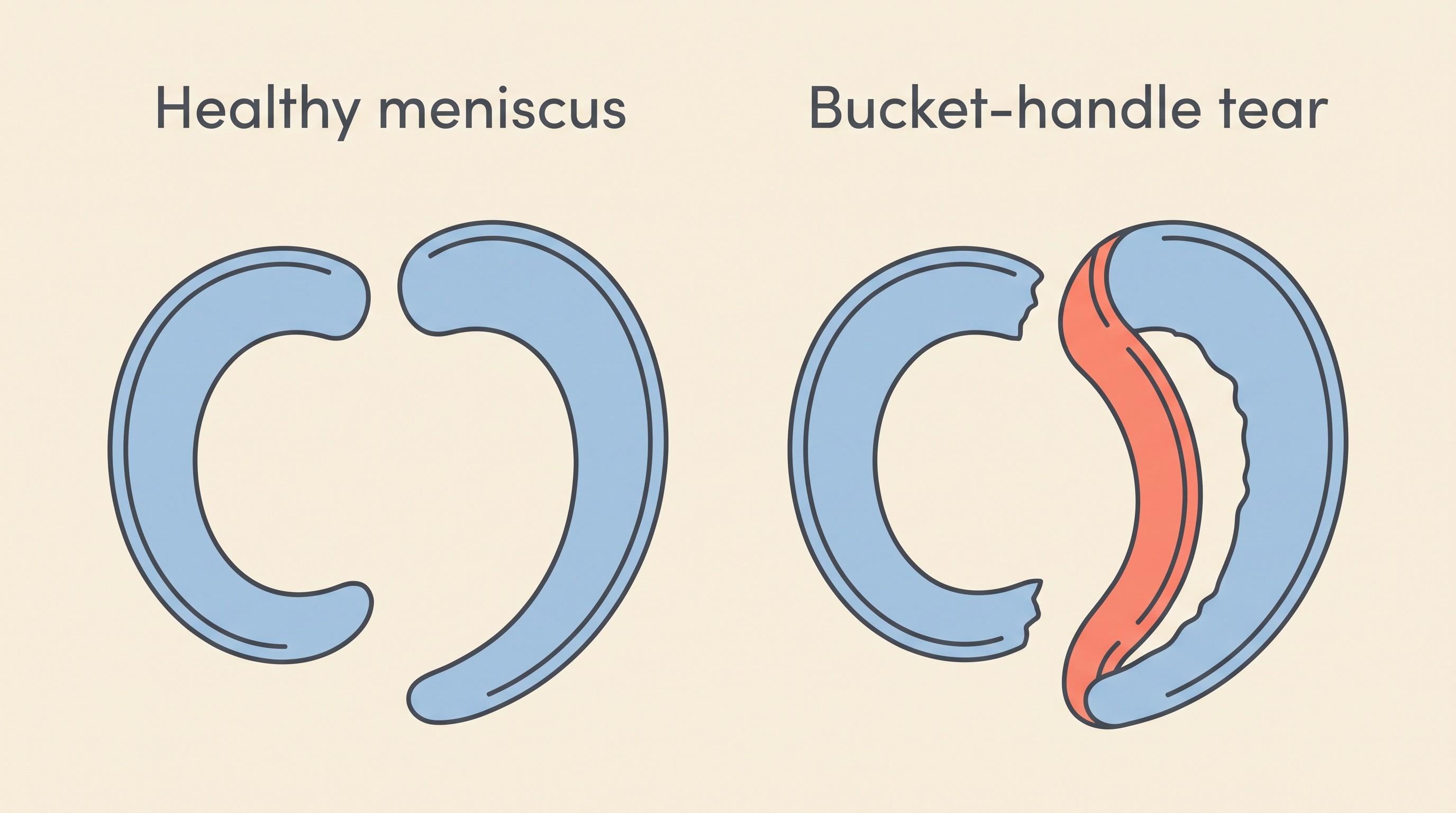 Side-by-side illustration of a healthy intact C-shaped medial meniscus next to a torn meniscus with a bucket-handle flap displaced inward, flat-vector style on a cream background