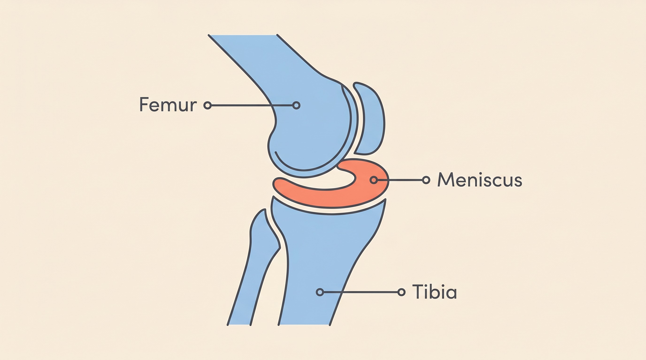Cross-section illustration of a dog's stifle joint with the C-shaped meniscus cushion highlighted between the thigh bone and shin bone, flat-vector style on a warm cream background