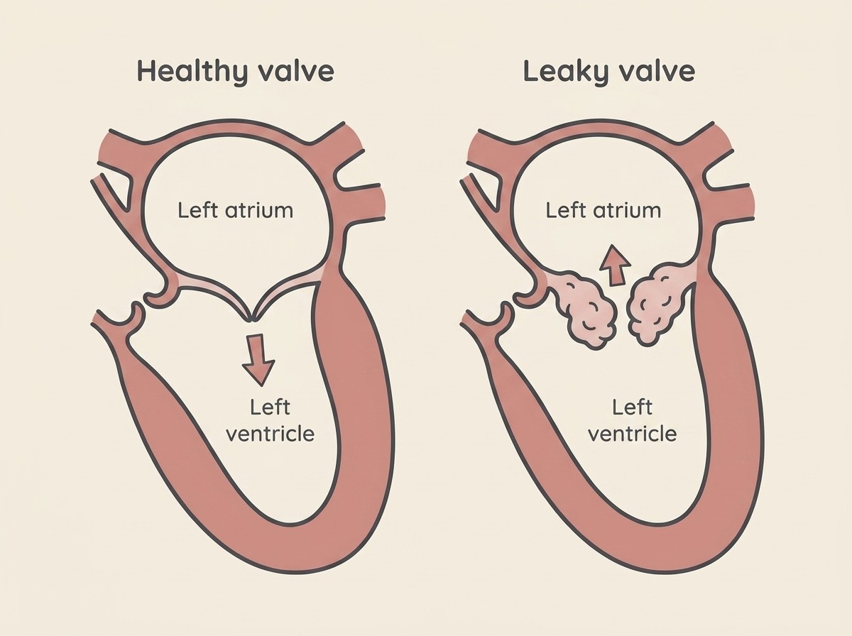A side-by-side cross-section of a dog heart, the left side showing a healthy mitral valve closing cleanly and the right side showing a thickened, prolapsing valve with an arrow of blood leaking backwards into the upper chamber
