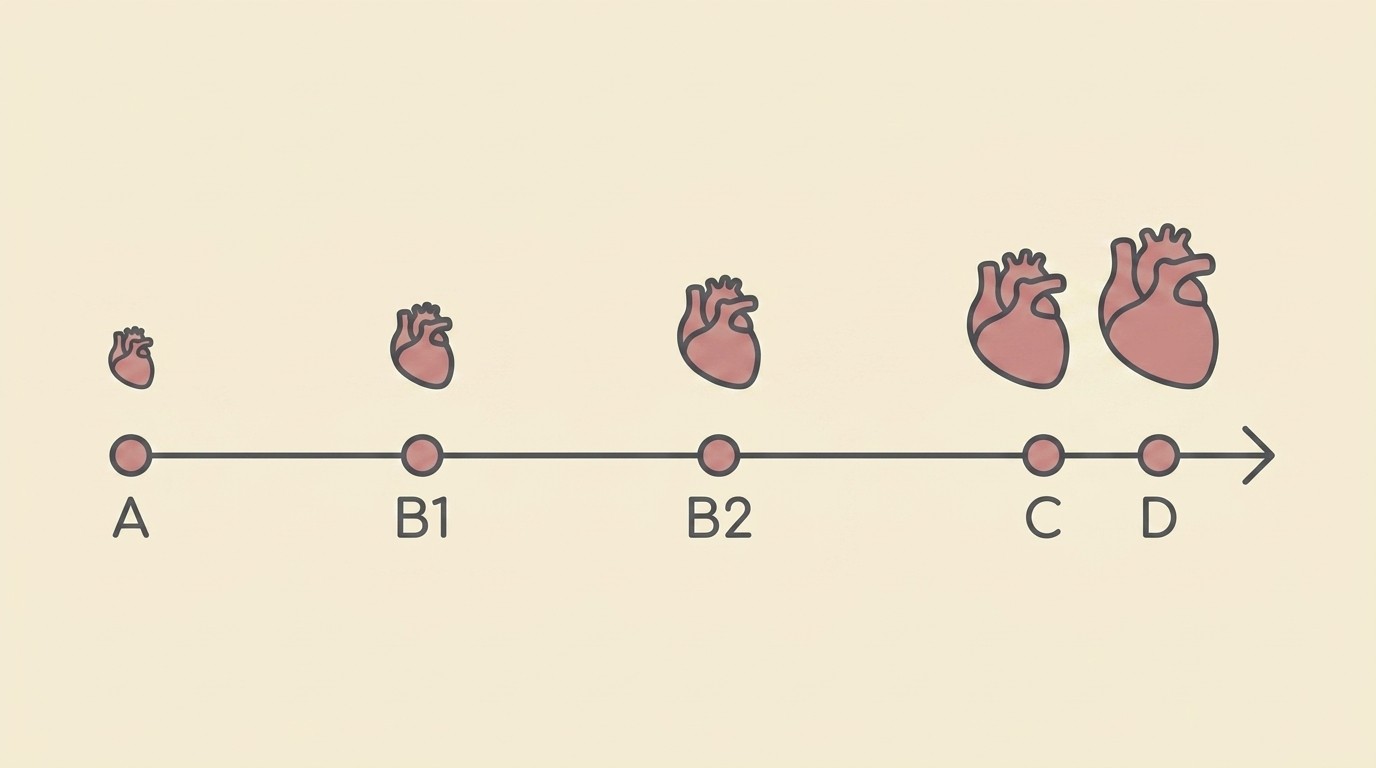 A horizontal timeline of a dog's life moving left to right through five labelled points, A, B1, B2, C and D, with the early stages drawn long and calm and a small heart, the heart growing larger towards the right