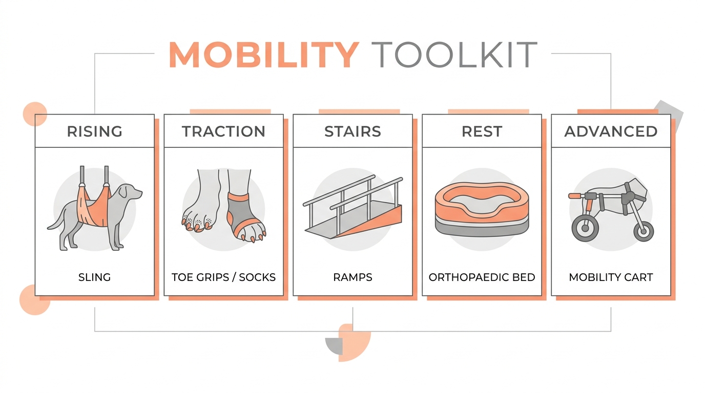 A mobility toolkit organised by problem: rising, traction, stairs, rest, advanced