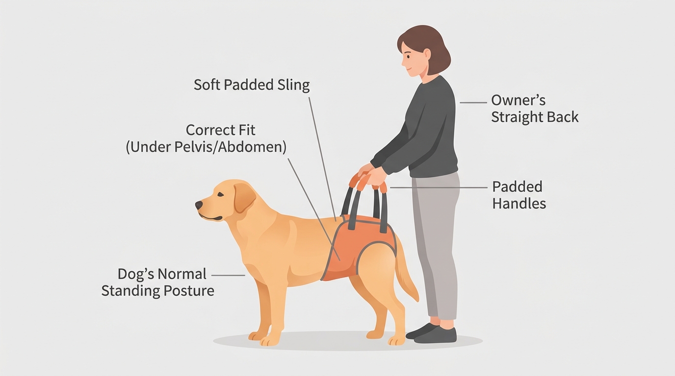 A rear-support sling correctly fitted, with safe lifting posture