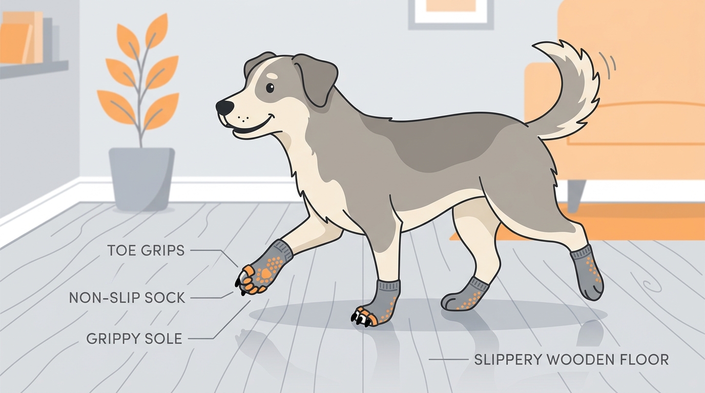 Toe grips and non-slip socks restoring confident movement on a slippery floor