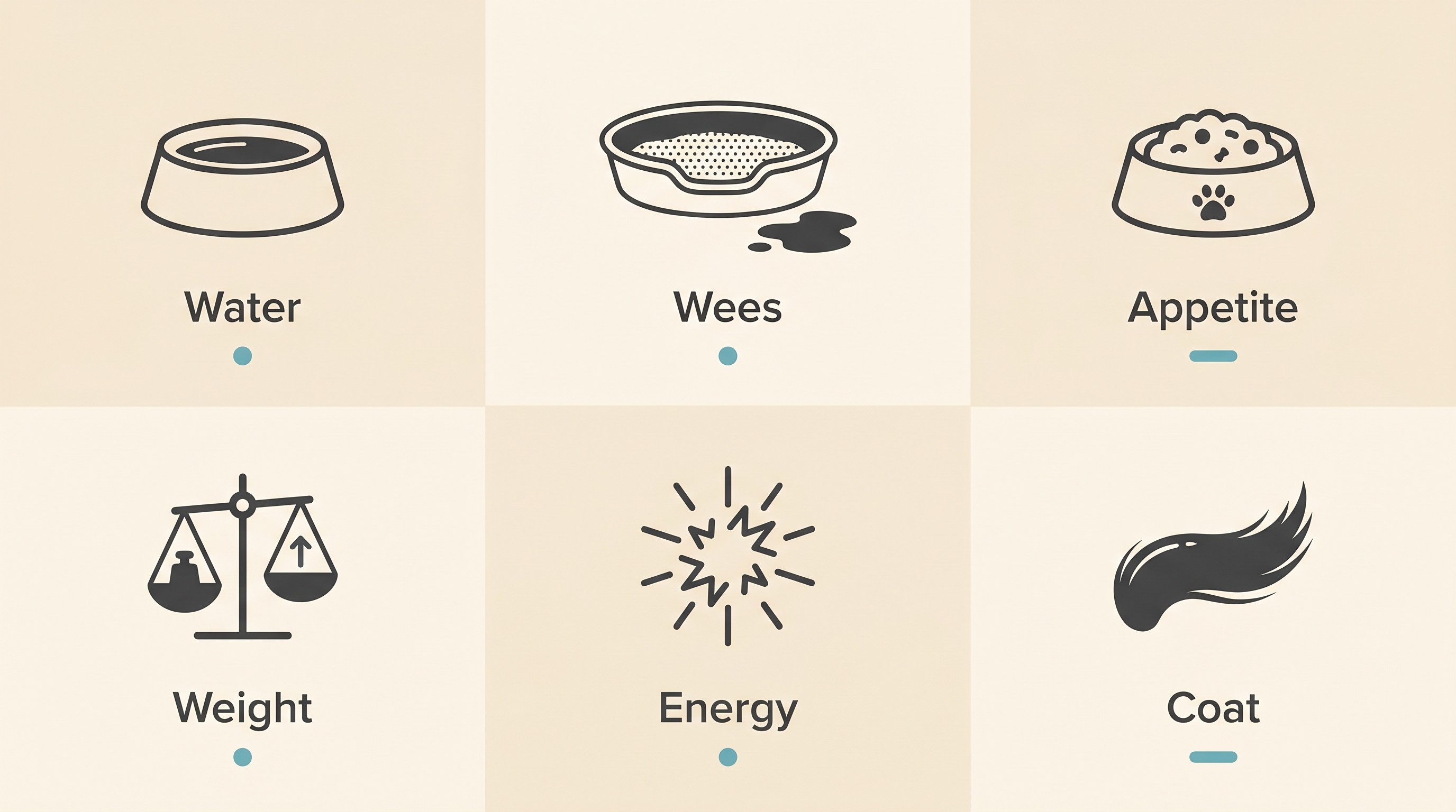 A six-icon panel on cream showing the daily watch-list for a diabetic pet: "Water", "Wees", "Appetite", "Weight", "Energy" and "Coat", each with a one-word good-versus-slipping read beneath