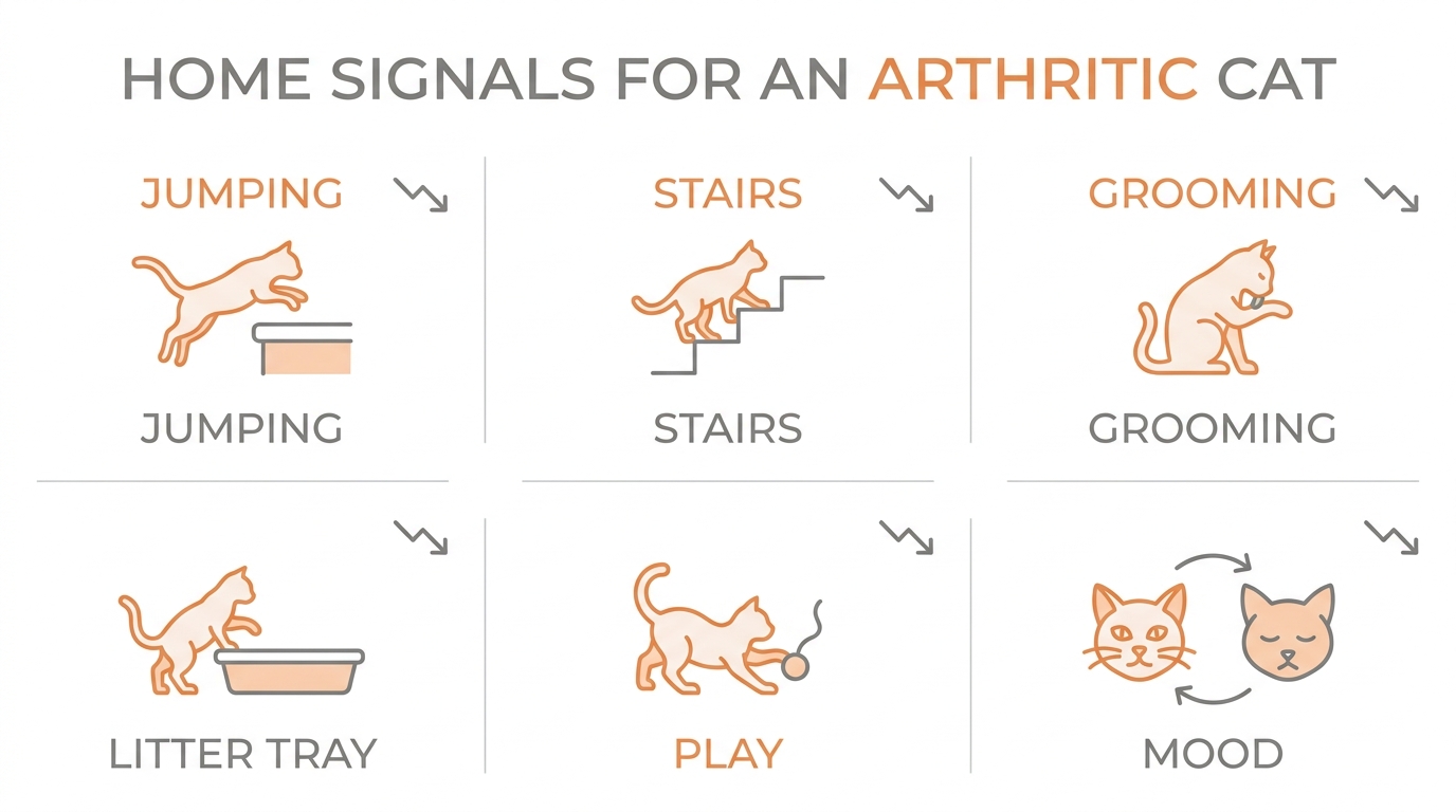 Six home signals to watch: jumping, stairs, grooming, litter tray, play, mood