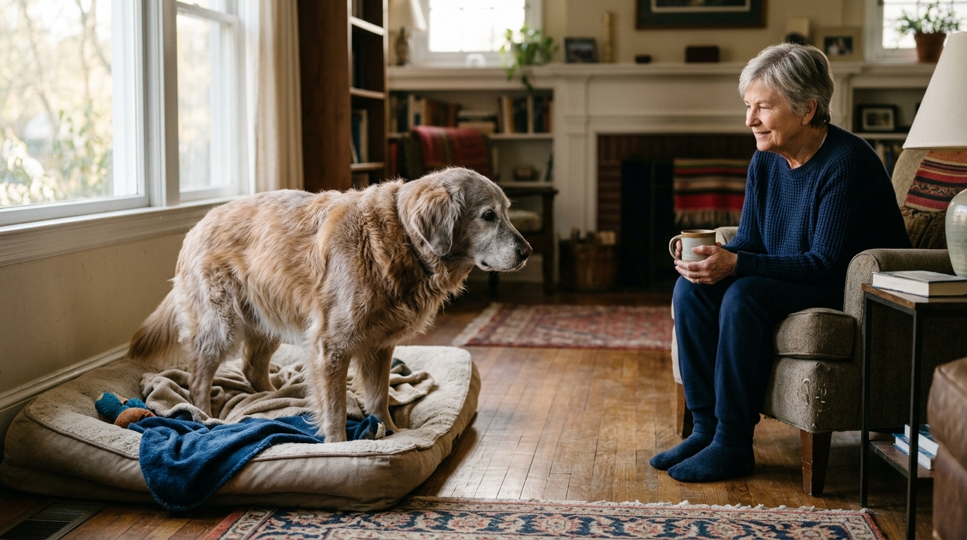 A senior dog rising from rest in the morning while the owner watches attentively from across the room, soft natural light