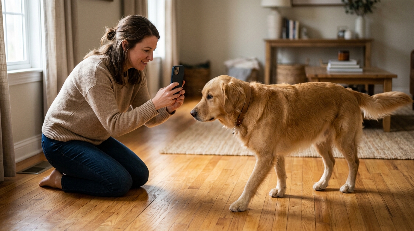 An owner kneeling and filming their dog walking across a hardwood floor on a phone, the dog calm and oblivious, soft natural light