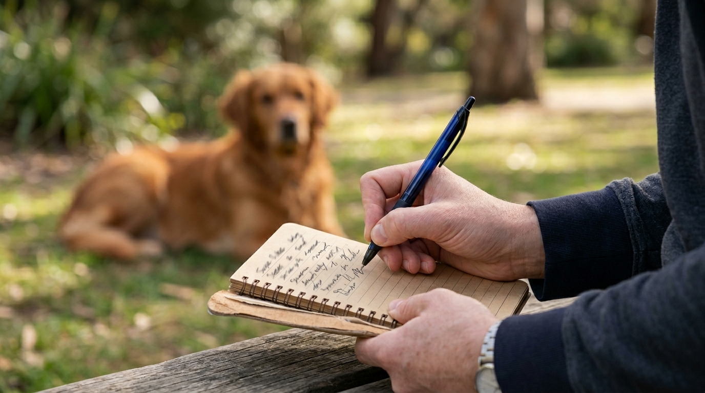 Close-up of hands writing brief observations about a dog's behaviour in a small notebook, the dog in soft focus behind, soft natural light