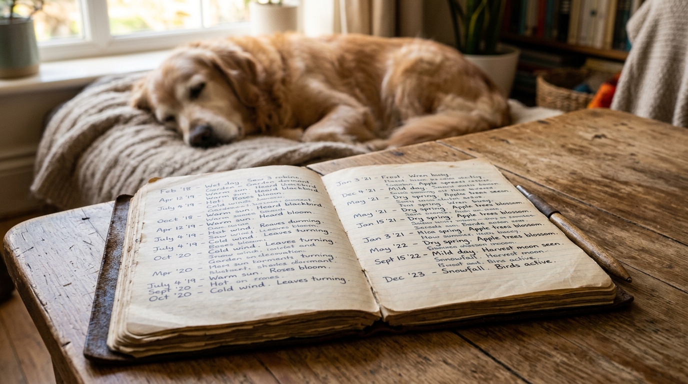 An older notebook showing months of brief observations across multiple pages, a senior dog resting contentedly in soft focus behind, soft warm light