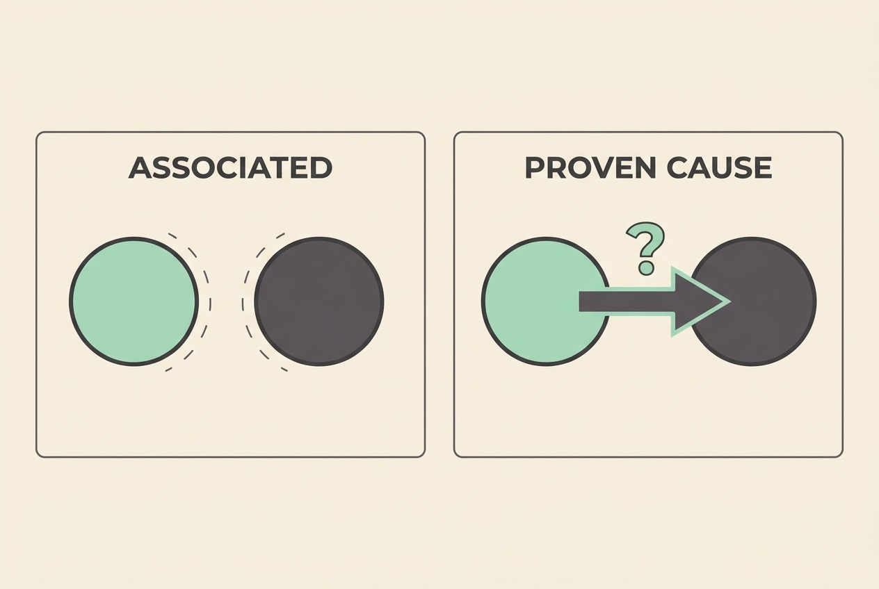 Flat diagram on cream contrasting two panels, one labelled ASSOCIATED showing two circles side by side, one labelled PROVEN CAUSE showing an arrow from one circle to the other with a question mark over the arrow, soft charcoal with mint accent.