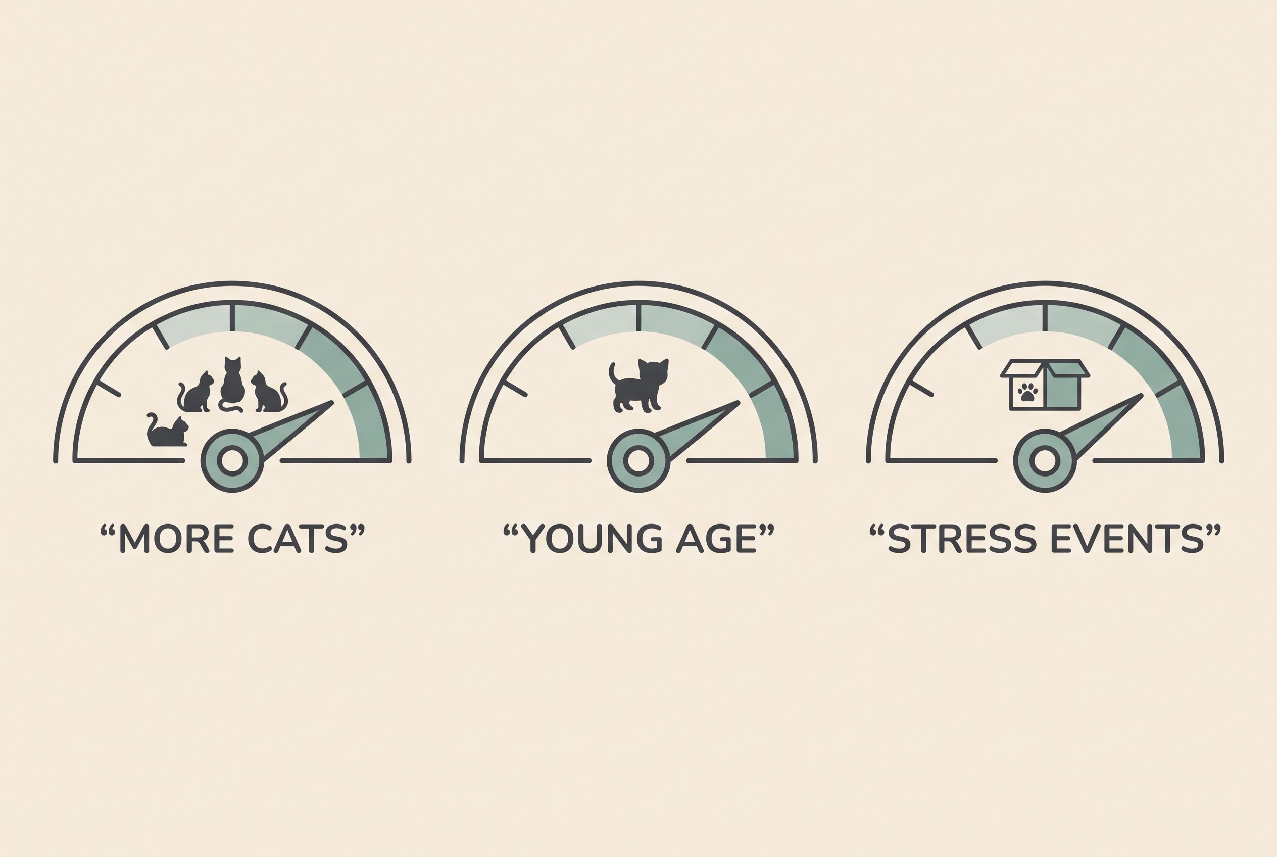 A calm icon strip on cream showing the factors that nudge FIP risk in a busy home: number of cats, young age, and stressful life events, drawn as small neutral symbols rather than warnings.