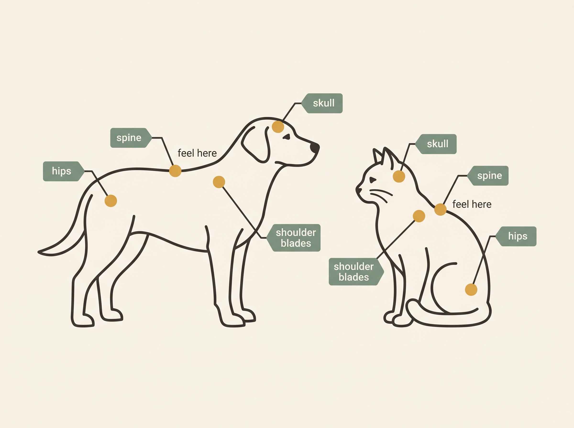 A side-by-side illustration of an older dog and an older cat, each with four muscle-check zones marked and labelled "feel here": either side of the spine (marked as the first place to check), over the top of the skull, over the shoulder blades, and over the hips and thighs. A small caption notes that body weight can stay the same while muscle is quietly lost.