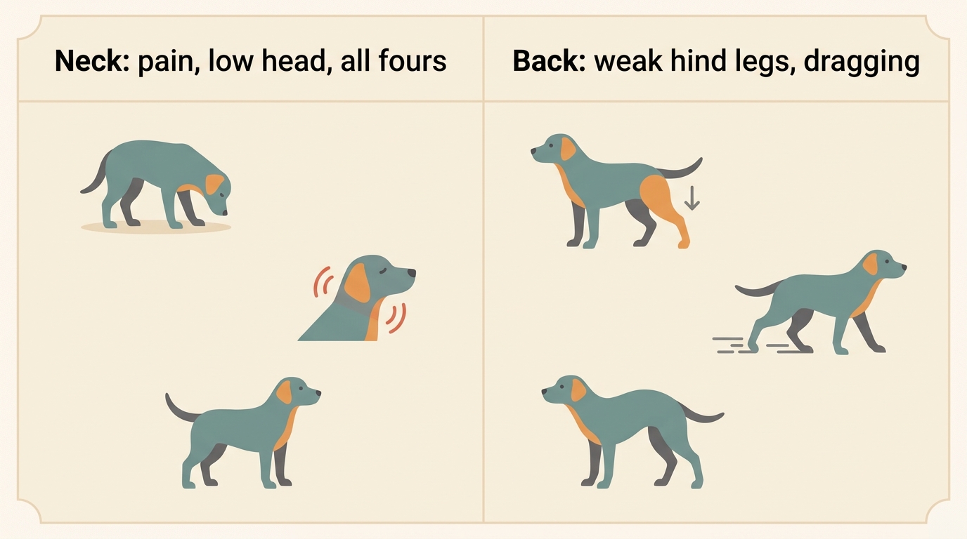 A two-column card contrasting neck and back IVDD signs