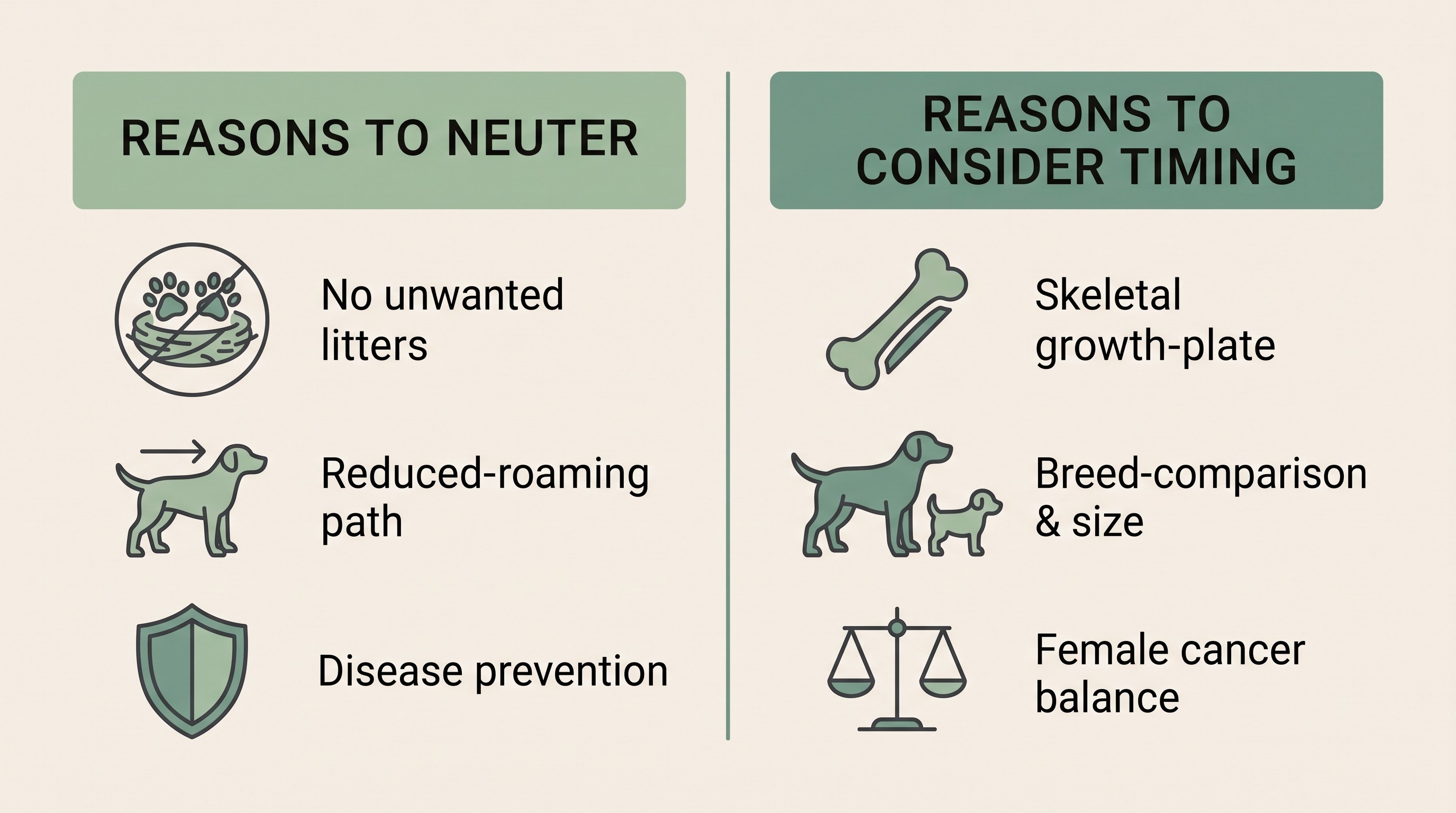 A flat-vector two-column comparison card on warm cream in soft charcoal, sage-green headers, left column headed verbatim "REASONS TO NEUTER" and right headed verbatim "REASONS TO CONSIDER TIMING", icon-driven, no distressed animals