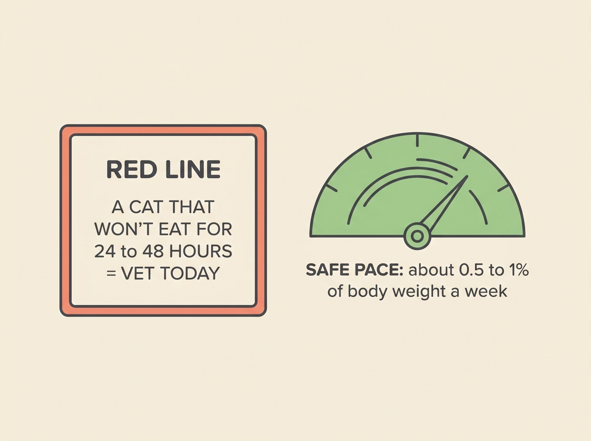 A coral-bordered RED LINE callout card reading “A CAT THAT WON’T EAT FOR 24 to 48 HOURS = VET TODAY”, beside a leaf-green gauge reading “SAFE PACE: about 0.5 to 1% of body weight a week”.