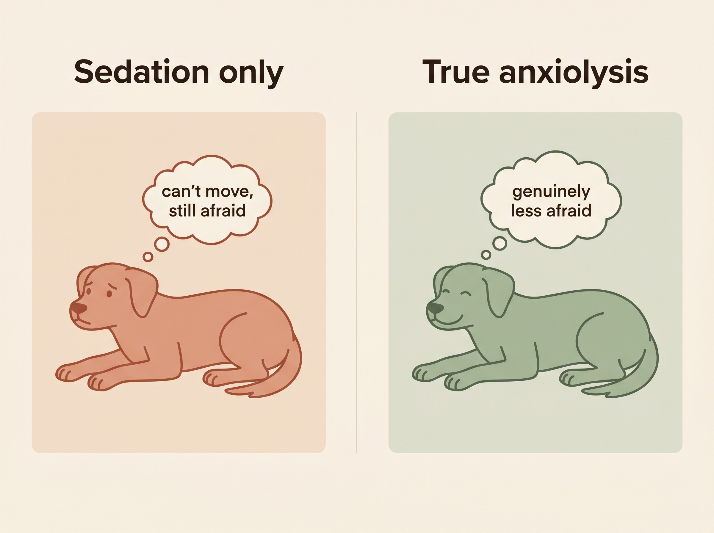 A simple split illustration contrasting sedation alone with true anxiolysis