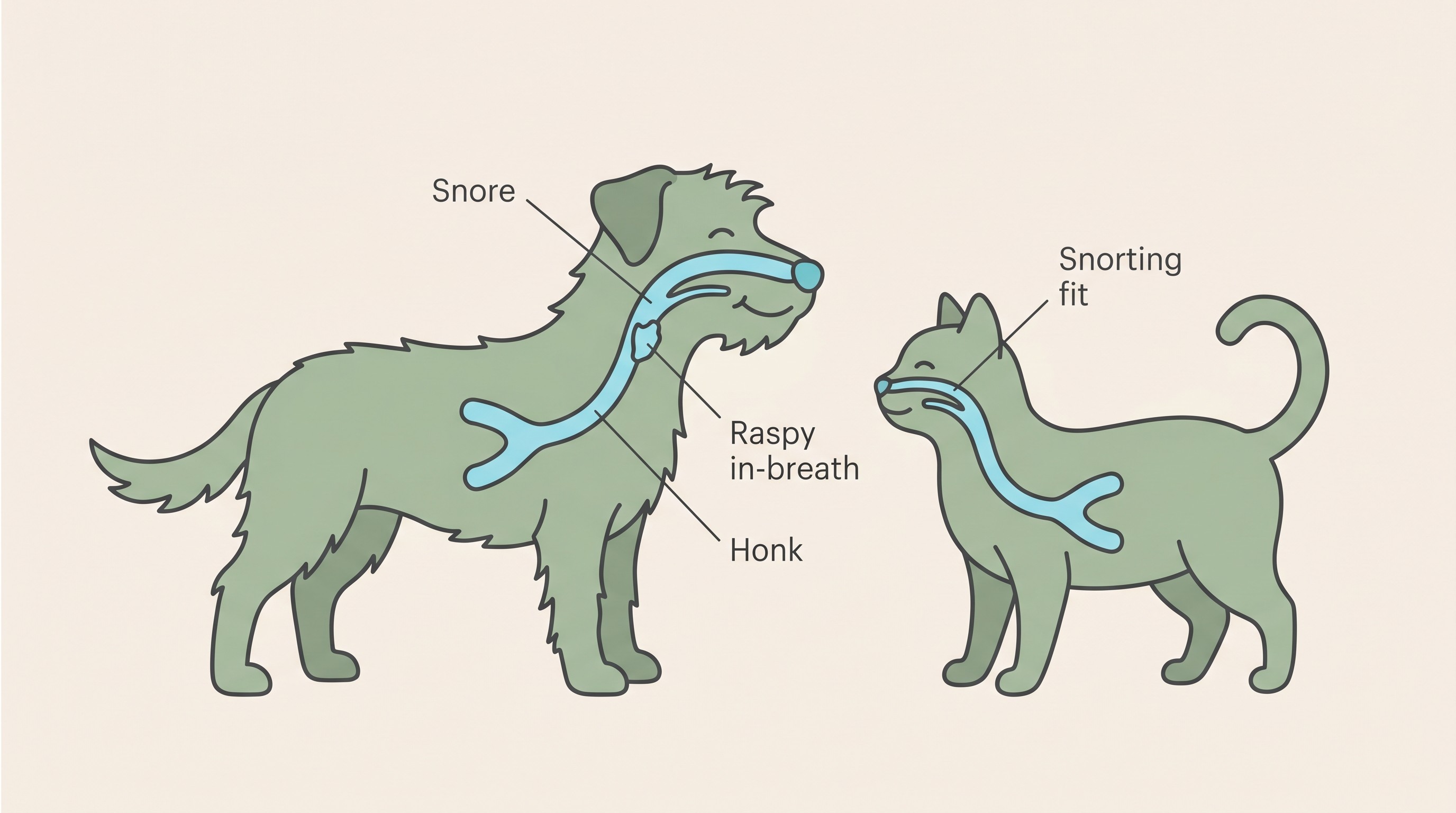 A flat-vector panel on a cream background showing a dog and a cat in profile with the airway mapped from nose to chest, four noise types labelled at their source in quotes: Snore, Raspy in-breath, Honk, Snorting fit