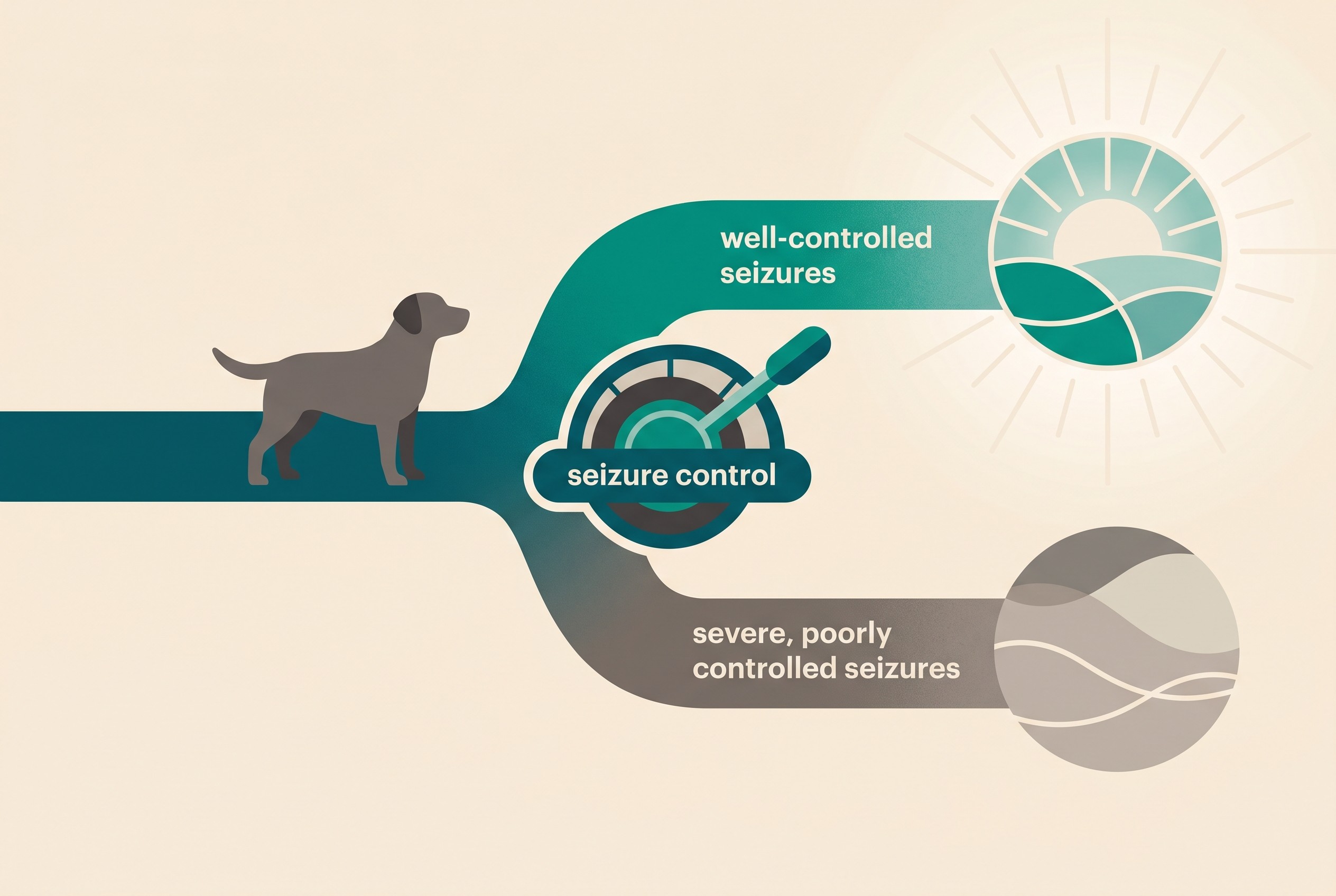 A simple two-path diagram on a cream background showing a dog with epilepsy at a fork, one path labelled "well-controlled seizures" leading toward a near-normal lifespan and the other labelled "severe, poorly controlled seizures" leading toward premature loss, with seizure control shown as the lever between them