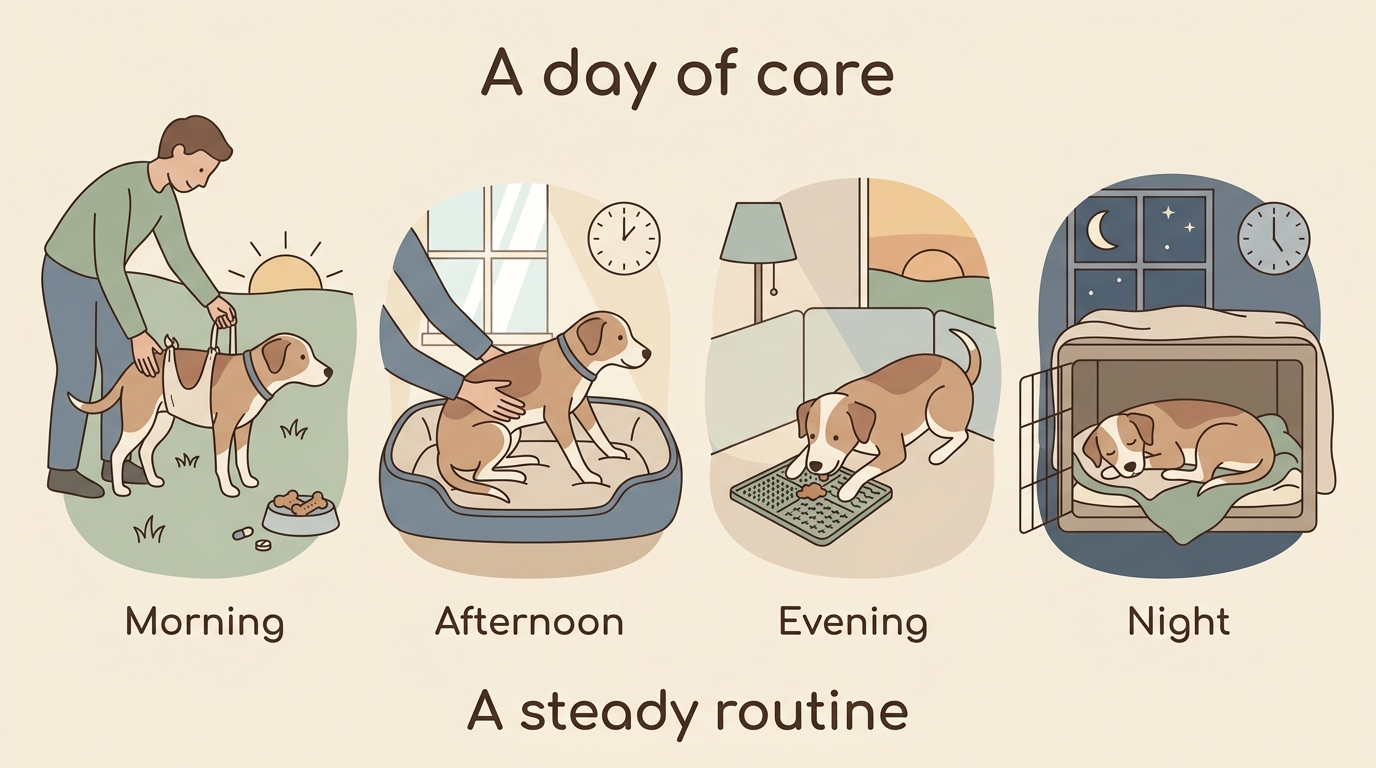 A day-strip showing the rhythm of down-dog care