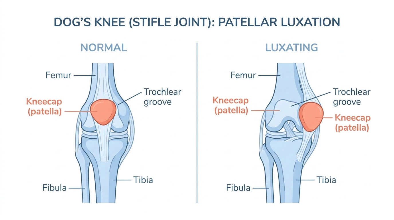 A clean medical illustration of a dog's knee from the front comparing a normal kneecap sitting securely in its trochlear groove against a luxating kneecap slipped to the inside of the leg out of a too-shallow groove, soft blue and coral palette, labelled
