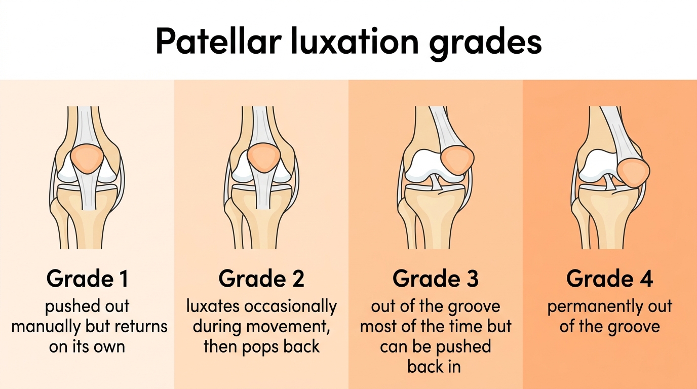 A grading infographic of patellar luxation, grades 1 to 4 shown side by side with a small knee diagram and short description for each: grade 1 pops out but returns on its own, grade 2 luxates occasionally, grade 3 out most of the time but pushes back in, grade 4 permanently out and cannot be replaced
