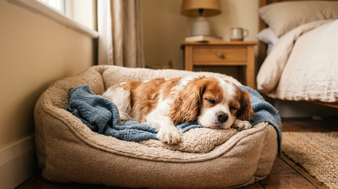 A small breed dog resting comfortably on a soft bed at home during recovery, calm and content, soft warm light