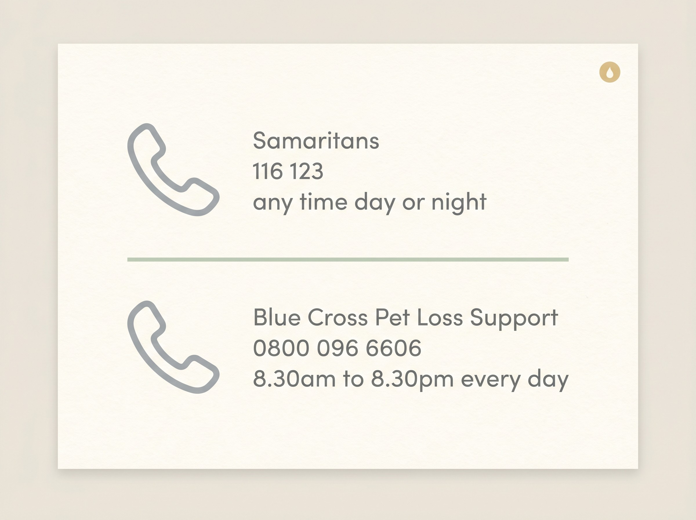 A calm, text-light contact card on warm cream listing the two most important support numbers in dove-grey and sage-green: Samaritans on 116 123, any time day or night, and Blue Cross Pet Loss Support on 0800 096 6606, 8.30am to 8.30pm every day