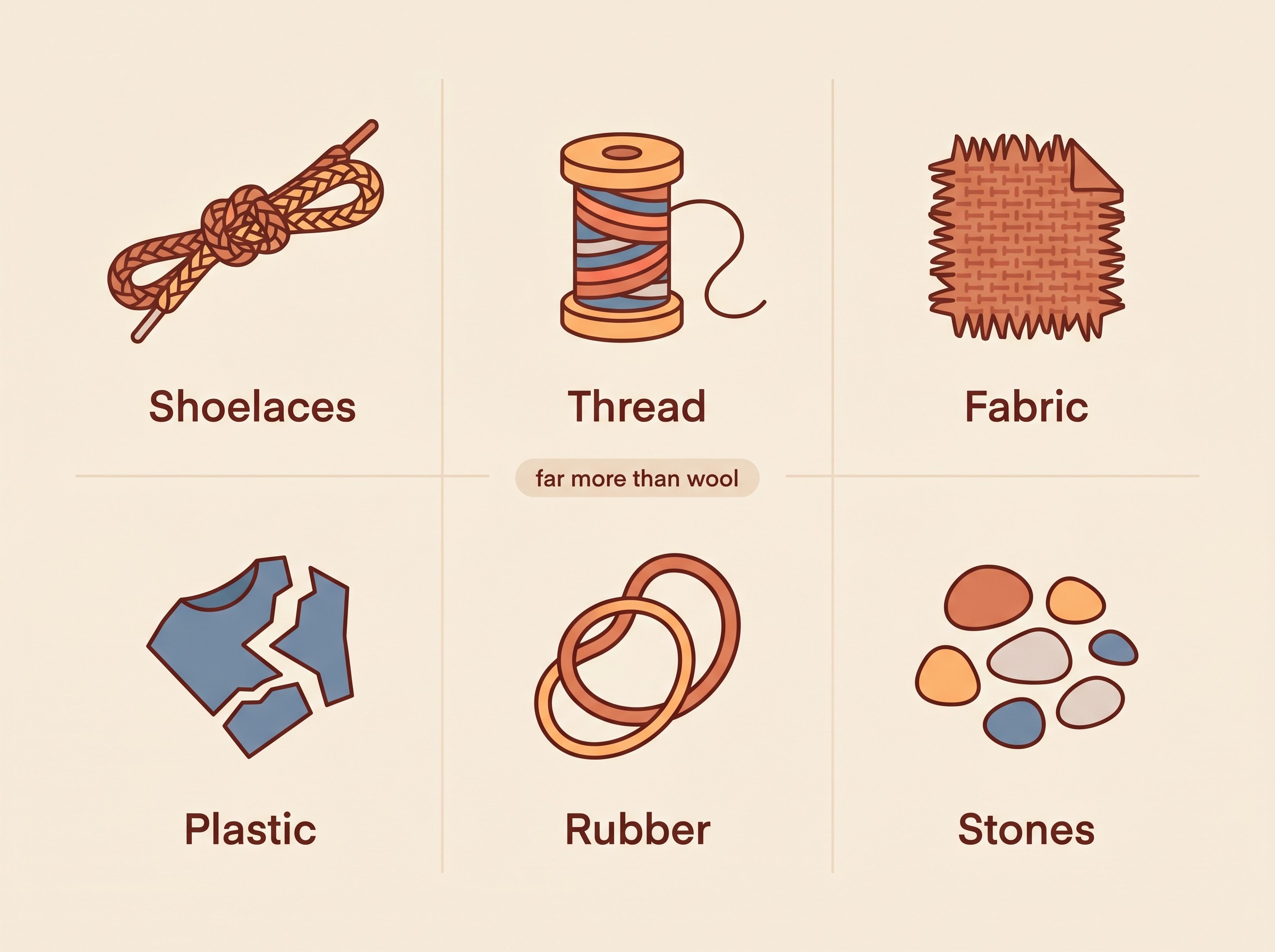 Illustration of the range of items cats and dogs ingest with pica, from shoelaces and thread to fabric, plastic and stones
