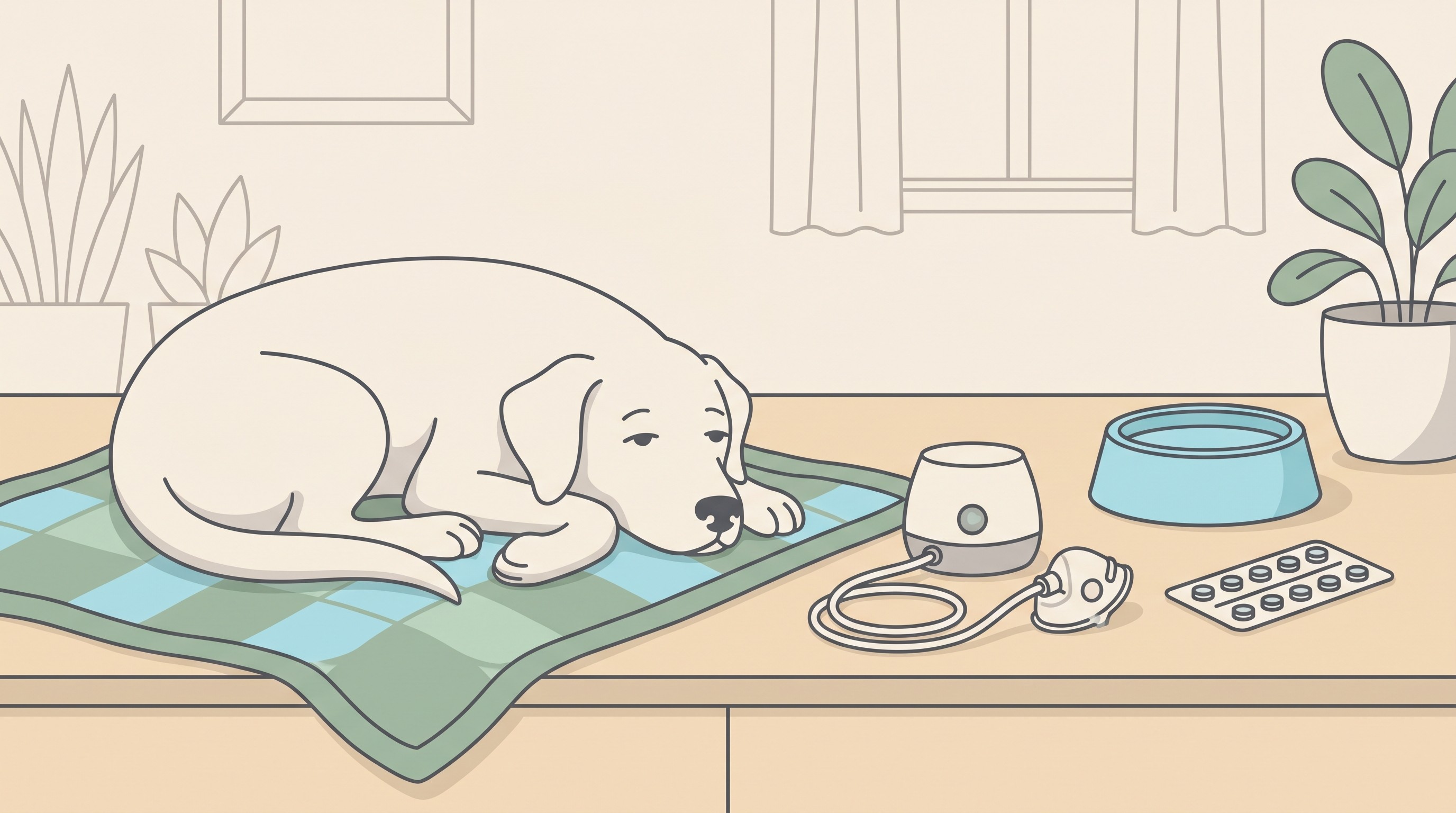 A dog resting calmly on a blanket at home beside a small nebuliser, mask and a full water bowl, warm flat-vector style on a cream background