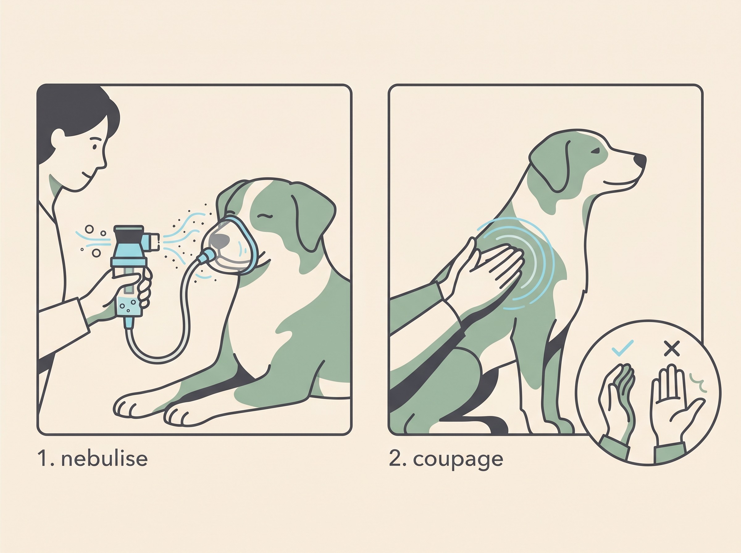 A two-step how-to: first a fine saline mist from a nebuliser into a mask, then a cupped hand gently clapping the side of a dog's chest, warm flat-vector style on a cream background
