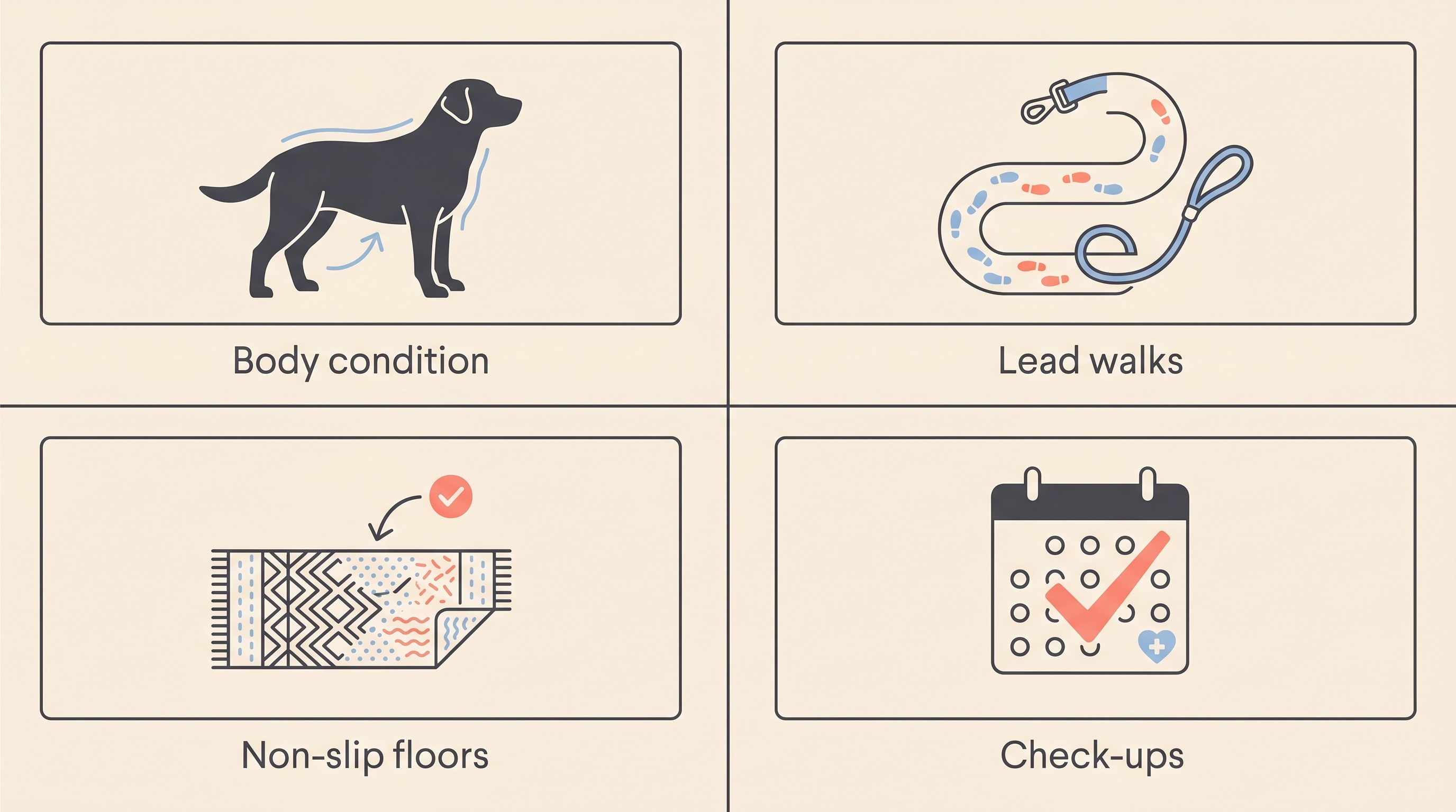 A flat illustration on a warm cream background showing four small labelled panels for a senior dog's weekly maintenance routine: a body-condition silhouette, a lead-walk path, a non-slip rug, and a calendar with a check mark