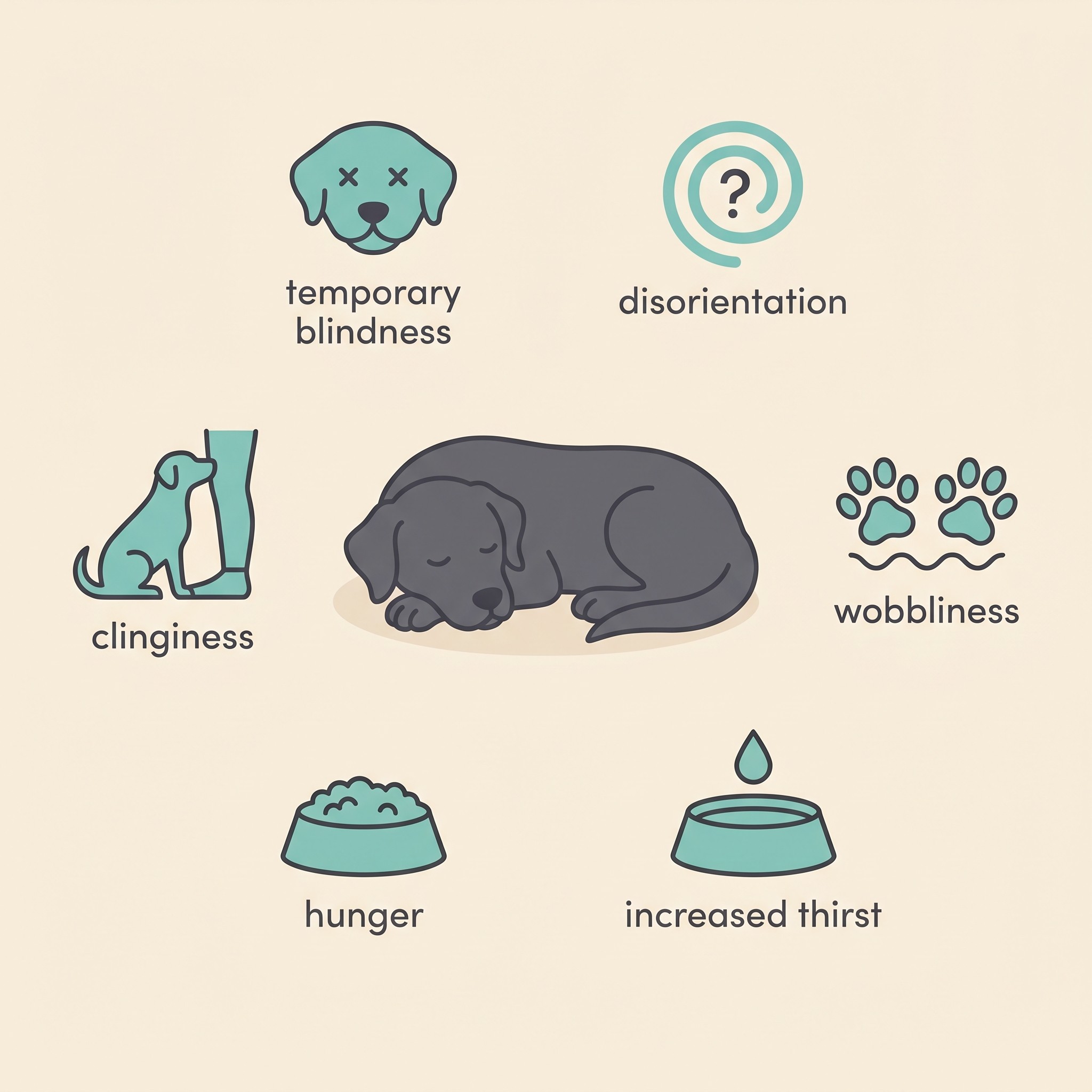 A flat illustration on cream of a dog recovering after a seizure, surrounded by simple labelled icons for common post-ictal signs: disorientation, wobbliness, increased thirst, hunger, clinginess and temporary blindness