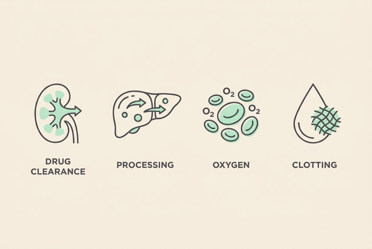 A row of four flat vector icons on cream with a mint accent: a bean-shaped kidney labelled "DRUG CLEARANCE", a liver labelled "PROCESSING", red cells labelled "OXYGEN", and a platelet/droplet labelled "CLOTTING", soft charcoal linework.