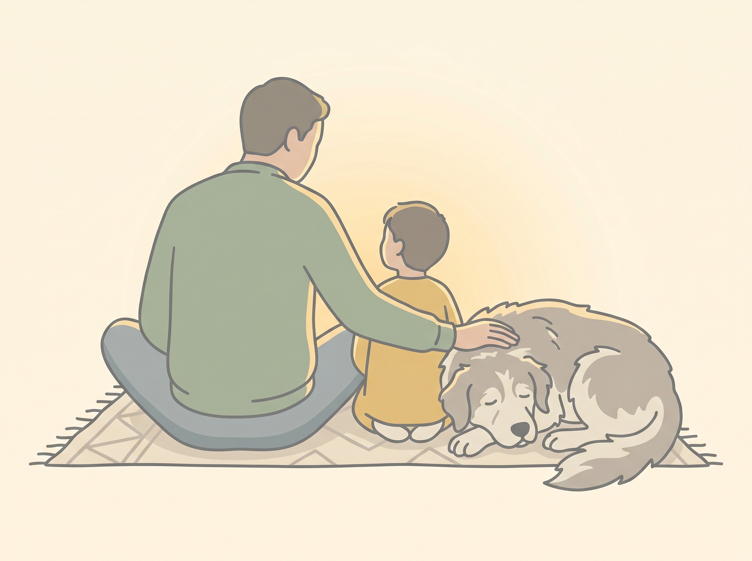 A parent and a young child sitting together on the floor in soft, warm light, a hand resting gently on an older dog dozing beside them, no faces shown, candle-gold and sage tones