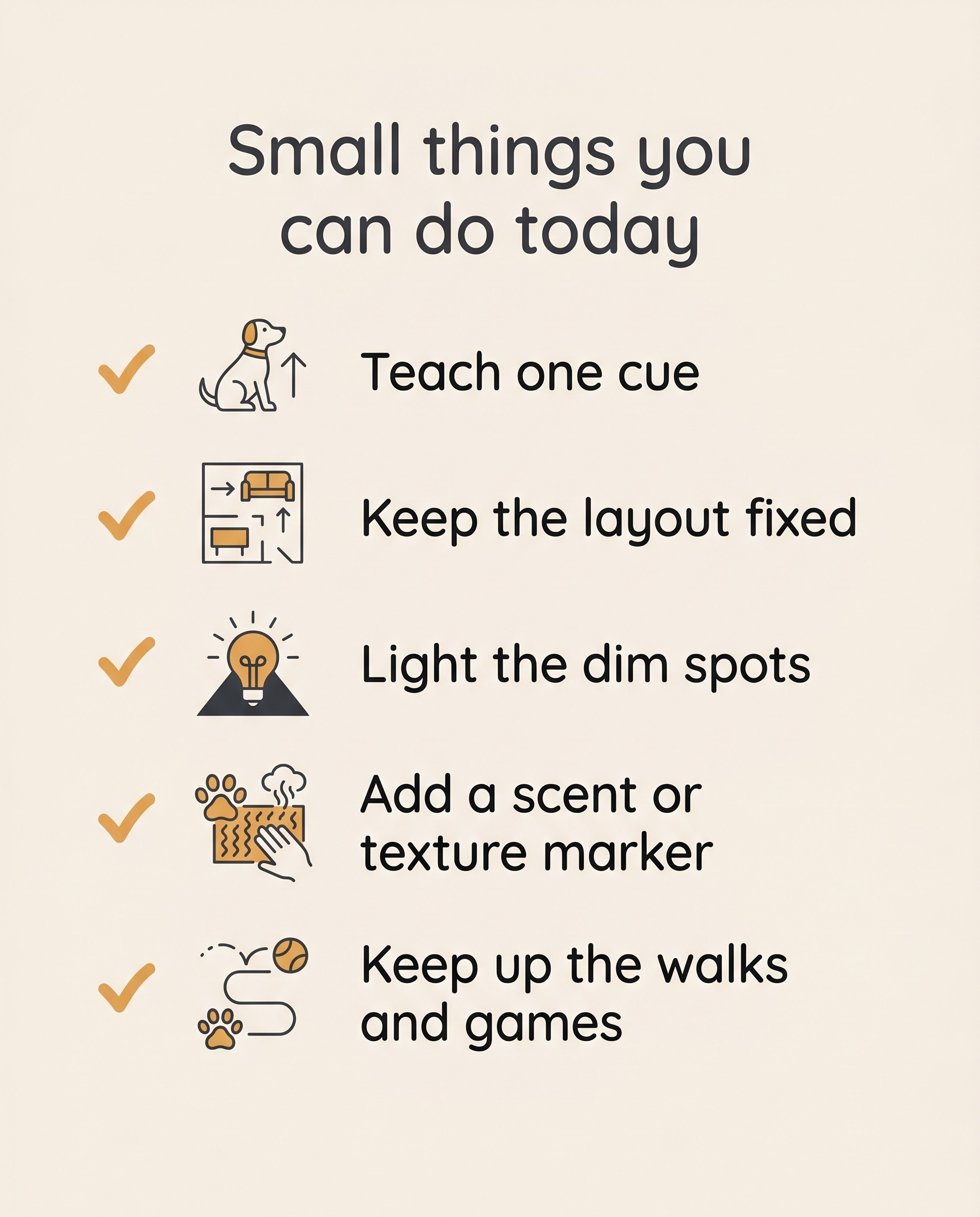 A short cream checklist headed small things you can do today, with five ticked flat-icon lines reading teach one cue, keep the layout fixed, light the dim spots, add a scent or texture marker, and keep up the walks and games
