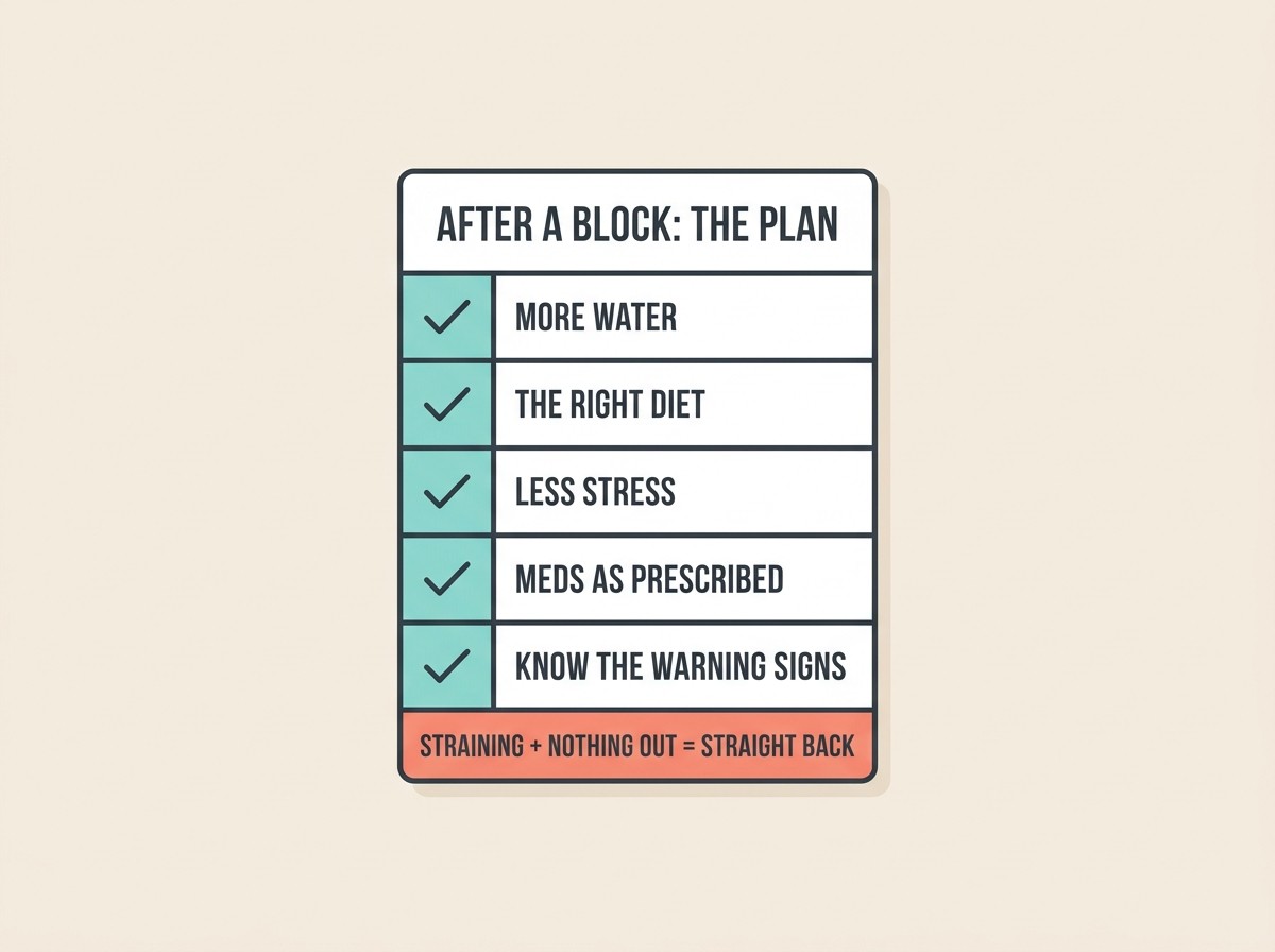 A simple prevention-plan card listing MORE WATER, RIGHT DIET, LESS STRESS, MEDS AS PRESCRIBED, KNOW THE WARNING SIGNS, with a coral footer reading STRAINING AND NOTHING OUT EQUALS STRAIGHT BACK.