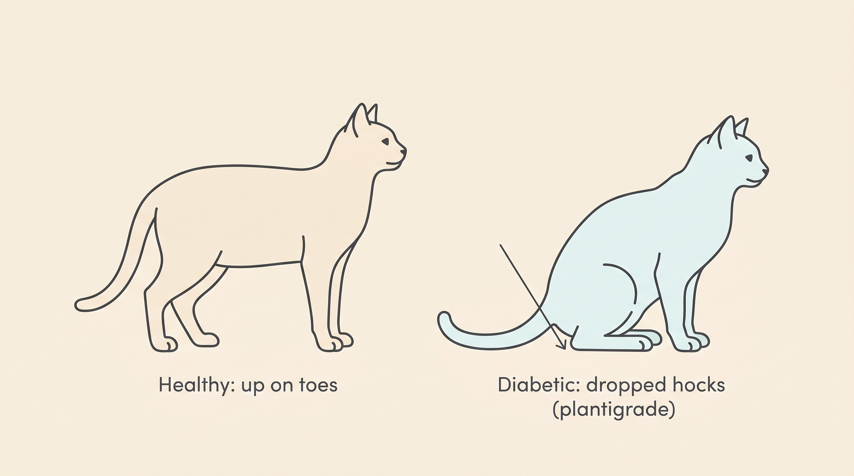 Side-by-side flat illustration on a cream background of a healthy cat standing up on its toes in a normal digitigrade stance next to a diabetic cat sunk back onto its hocks in a plantigrade dropped-hocks stance, with the lowered hocks clearly labelled