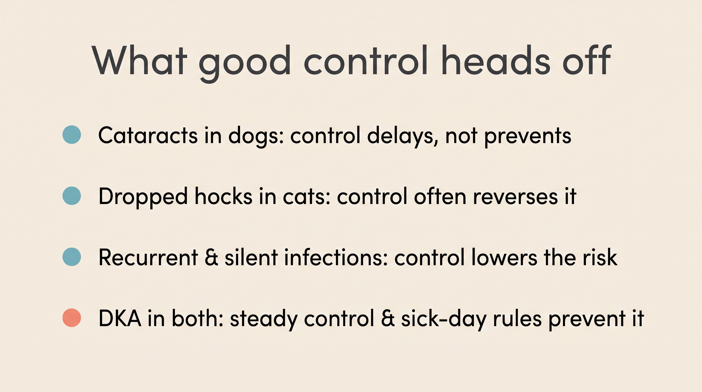 Simple flat card on a cream background titled What good control heads off, listing four diabetic complications with an honest one-line note for each: cataracts in dogs (control delays, does not prevent), the dropped-hocks stance in cats (control often reverses it), recurrent and silent infections in both (control lowers the risk), and DKA in both (steady control and sick-day rules prevent it)