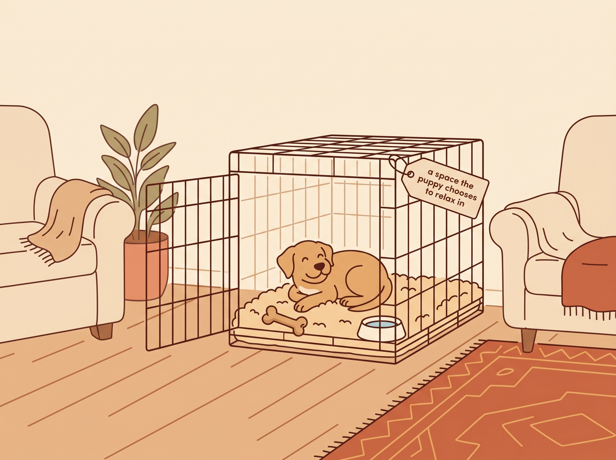 A puppy resting calmly in an open crate lined with soft bedding in a family room