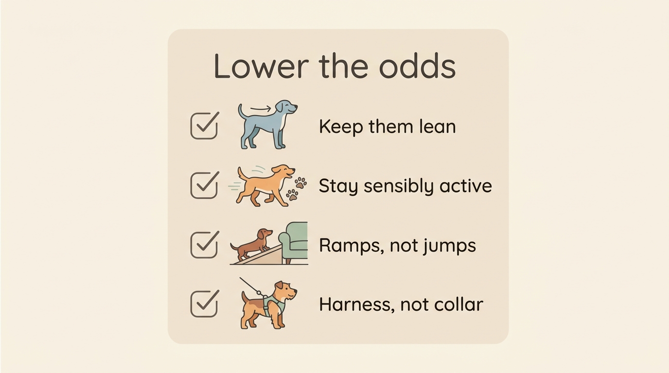 A "lower the odds" checklist card for an at-risk dog