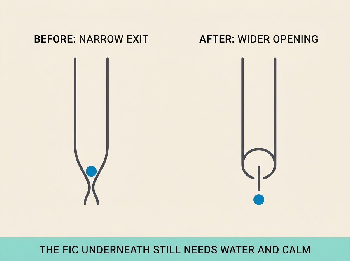 A flat vector before-and-after card contrasting a narrow urethral exit on the left with a wider new opening on the right, with a small reassuring note that prevention continues.
