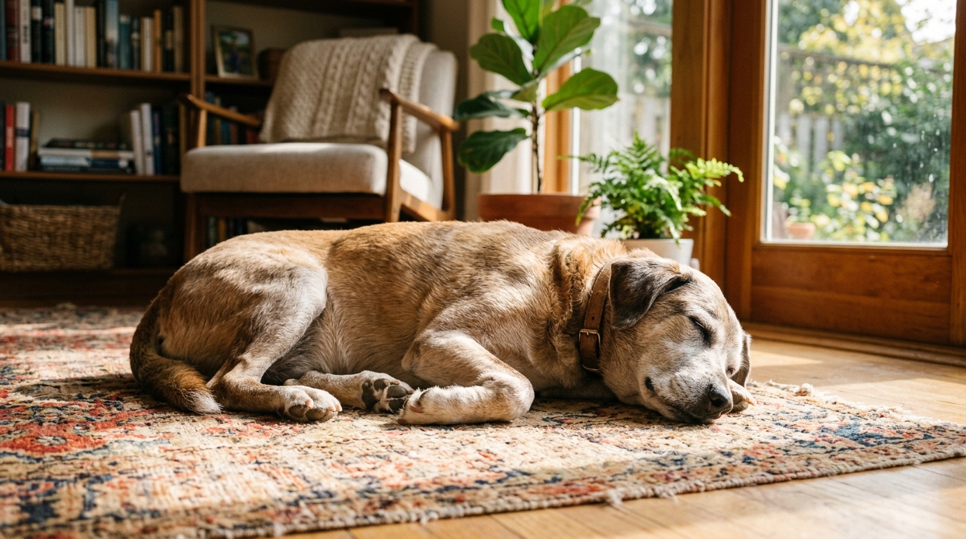 A senior dog enjoying a genuinely good moment, lying in a warm patch of sunshine looking content and at peace, soft natural light