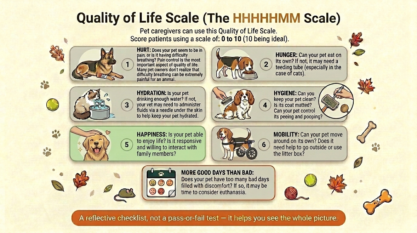 A gentle infographic of the HHHHHMM quality-of-life scale with its seven dimensions: Hurt, Hunger, Hydration, Hygiene, Happiness, Mobility, and More good days than bad, each with a soft icon, presented as a reflective checklist rather than a pass-or-fail test