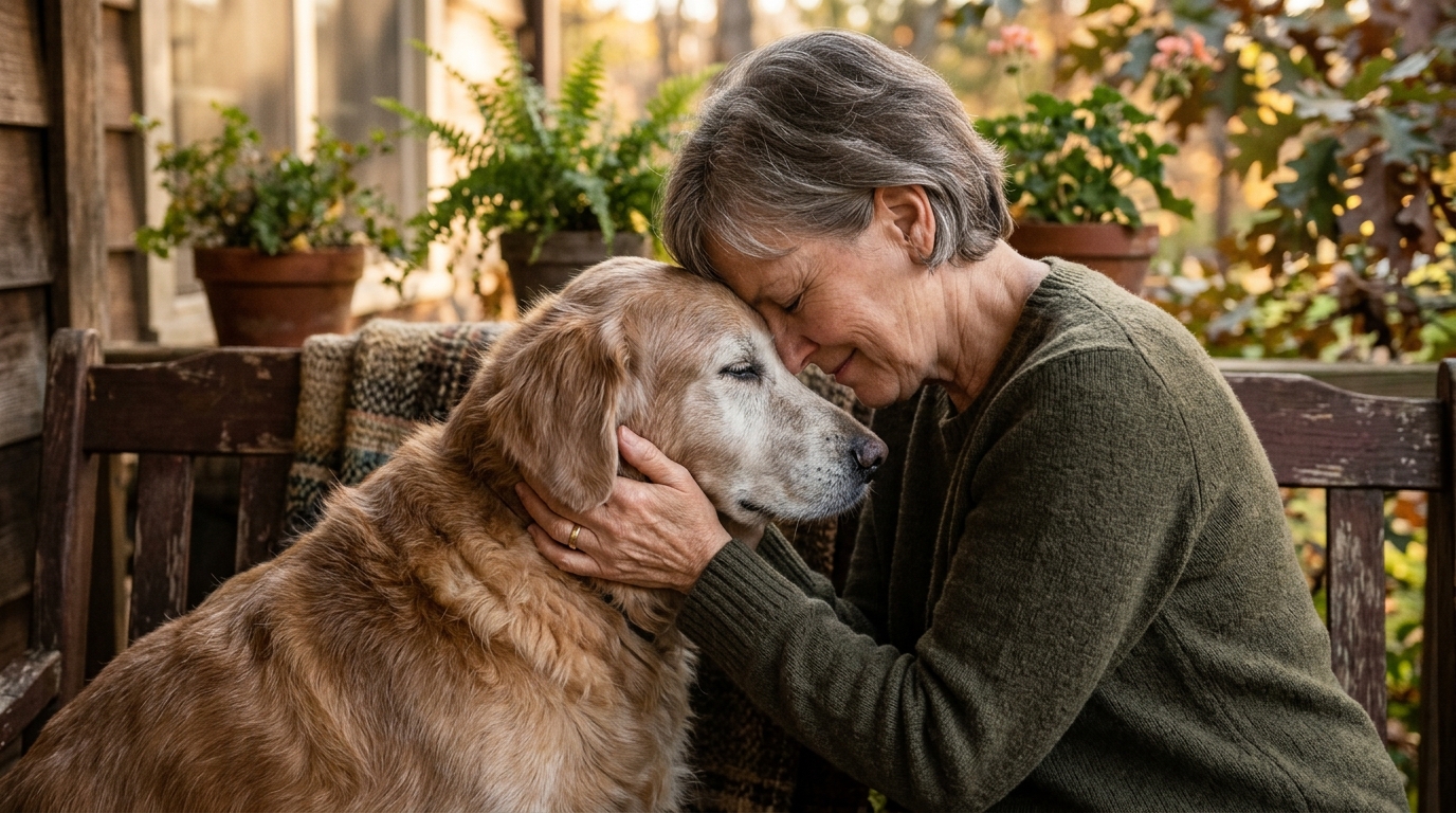 An owner gently resting their forehead against their senior dog's head, both still and at peace, soft warm light, a tender quiet moment